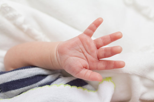 Newborn hand placed on a soft blanket, background