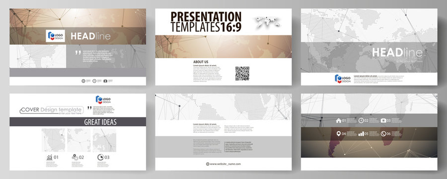 The minimalistic abstract vector illustration of the editable layout of high definition presentation slides design business templates. Global network connections, technology background with world map.