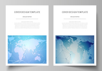 The vector illustration of the editable layout of A4 format covers design templates for brochure, magazine, flyer, booklet, report. World map on blue, geometric technology design, polygonal texture.