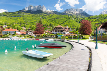 beautiful marina in Talloires village on Lake Annecy, France - obrazy, fototapety, plakaty