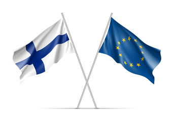 Finland and European Union waving flags on flagpole. EU sign with twelve gold stars on blue and Finland national symbol. Two flags isolated on white background