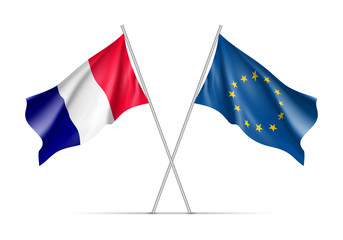 France and European Union waving flags on flagpole. EU sign with twelve gold stars on blue and France national symbol blue, white and red colors. Two flags isolated on white background