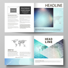 The vector illustration of the editable layout of two covers templates for square design bi fold brochure, magazine, flyer, booklet. Molecule structure, connecting lines and dots. Technology concept.