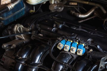 Fototapeta na wymiar LPG fuel injection focus in engine room