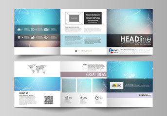 The abstract minimalistic vector illustration of the editable layout. Two creative covers design templates for square brochure. Molecule structure. Science, technology concept. Polygonal design.