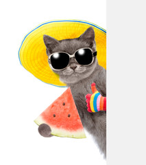 Funny summer cat with sunglasses and hat peeking above white banner and holding watermelon and showing thumbs up. isolated on white background