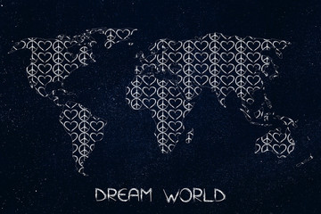 Fototapeta na wymiar world map made of peace and love symbols