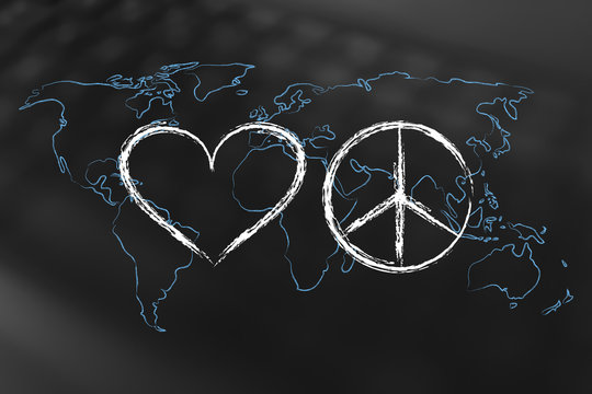 love and peace symbol with world map