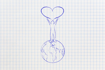 man lifting love sign up above planet earth