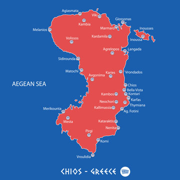 island of chios in greece red map illustration