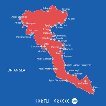island of corfu in greece red map illustration