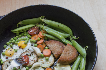 Breakfast of delicious vegetables in a large frying pan