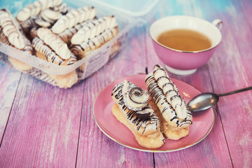 cakes on color background