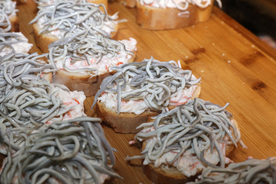 Garlic Angulas (Baby Eels) - Traditional Spanish Tapas. Madrid