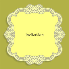 Card template for cutting out paper. A caligraphic gold pattern is made along the edge. Suitable for an invitation to a wedding or other event. Vector billet for laser cutting.