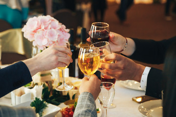 Clinking glasses with alcohol and toasting, party