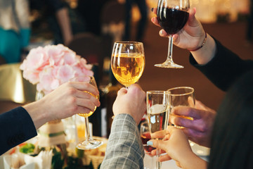 Clinking glasses with alcohol and toasting, party