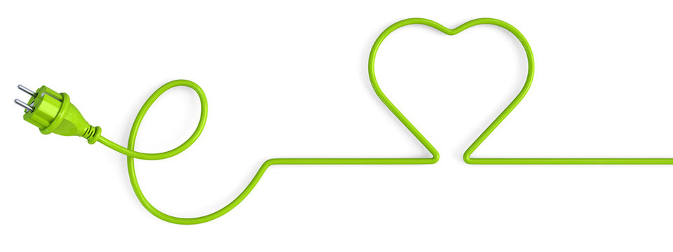 Green power plug bent in a heart shape