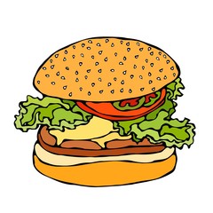 Big Burger , Hamburger or Cheeseburger. Isolated On a White Background. Realistic Doodle Cartoon Style Hand Drawn Sketch Vector Illustration.
