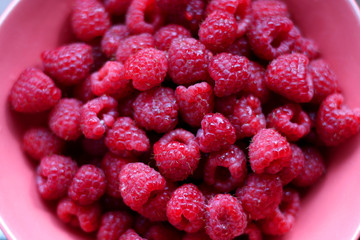 Bowl of raspberries. Top view. 