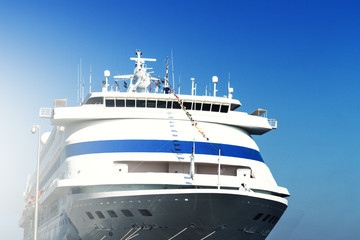 Beautiful White Ship, Closeup. Day Light. Blue Sky Background.