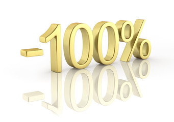 Gold text 100 percent off on white background with reflection 3D render