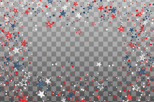 USA celebration confetti hand drawn stars in national colors for American independence day isolated on transparent background. Vector illustration