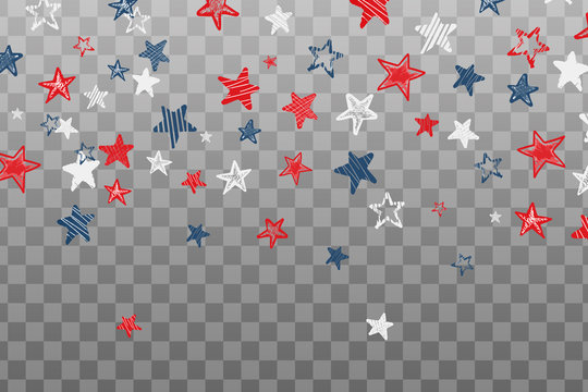 USA celebration confetti hand drawn stars in national colors for American independence day isolated on transparent background. Vector illustration