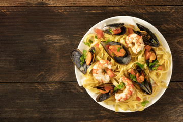 Seafood pasta dish with mussels and shrimps