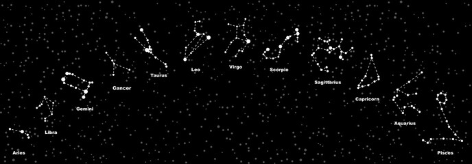 Raster illustration. Constellations of the 12 zodiac signs, constellations, icons. Zodiac sign of the   stars on black background. Glowing lines and points. Star chart, map. Constellations with titles - obrazy, fototapety, plakaty