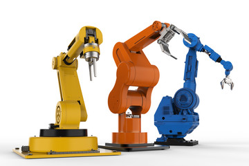three robotic arms on white background