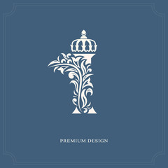 Elegant letter I with a crown. Graceful royal style. Calligraphic beautiful logo. Vintage drawn emblem for book design, brand name, business card, Restaurant, Boutique, Hotel. Vector illustration