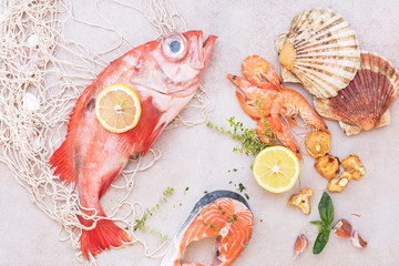 Fresh fish and seafood with herbs and spices for healthy cooking.  Top view, blank space