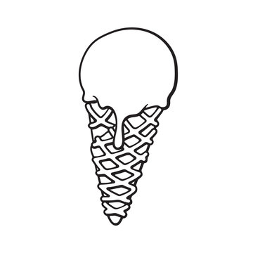 Vector illustration. Hand drawn doodle of ball of ice cream in the waffle cone. Cartoon sketch.  Decoration for menus, signboards, showcases, greeting cards, posters, wallpapers