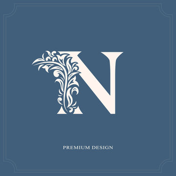 Elegant letter N. Graceful royal style. Calligraphic beautiful logo. Vintage drawn emblem for book design, brand name, business card, Restaurant, Boutique, Hotel. Vector illustration