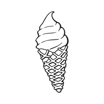 Vector illustration. Hand drawn doodle of ice cream in the waffle cone. Cartoon sketch.  Decoration for menus, signboards, showcases, greeting cards, posters, wallpapers