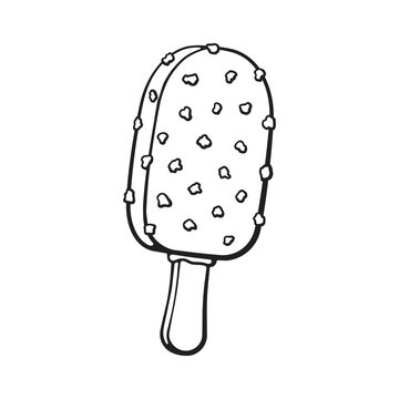 Vector illustration. Hand drawn doodle of ice cream choc-ice with nuts. Cartoon sketch.  Decoration for menus, signboards, showcases, greeting cards, posters, wallpapers
