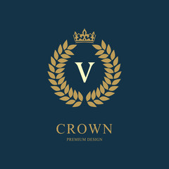 Wreath Monogram luxury design, graceful template. Floral elegant beautiful round logo with crown. Letter emblem sign V for Royalty, Restaurant, Boutique, Hotel, Heraldic, Jewelry. Vector illustration