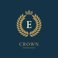 Wreath Monogram luxury design, graceful template. Floral elegant beautiful round logo with crown. Letter emblem sign E for Royalty, Restaurant, Boutique, Hotel, Heraldic, Jewelry. Vector illustration