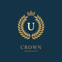 Wreath Monogram luxury design, graceful template. Floral elegant beautiful round logo with crown. Letter emblem sign U for Royalty, Restaurant, Boutique, Hotel, Heraldic, Jewelry. Vector illustration