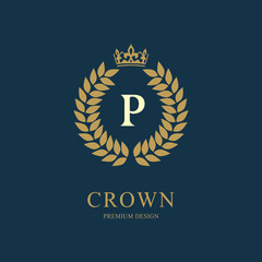 Naklejka premium Wreath Monogram luxury design, graceful template. Floral elegant beautiful round logo with crown. Letter emblem sign P for Royalty, Restaurant, Boutique, Hotel, Heraldic, Jewelry. Vector illustration