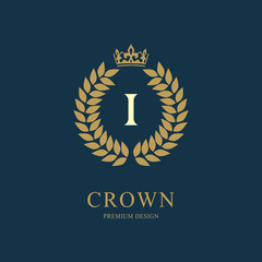 Wreath Monogram luxury design, graceful template. Floral elegant beautiful round logo with crown. Letter emblem sign I for Royalty, Restaurant, Boutique, Hotel, Heraldic, Jewelry. Vector illustration