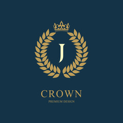 Wreath Monogram luxury design, graceful template. Floral elegant beautiful round logo with crown. Letter emblem sign J for Royalty, Restaurant, Boutique, Hotel, Heraldic, Jewelry. Vector illustration