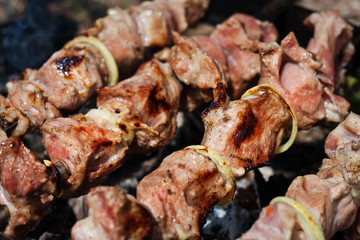Pork meat on an open fire. Cooking meat on an open fire. B-B-Q. Shag on the barbecue. Cooking with coal

