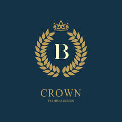 Wreath Monogram luxury design, graceful template. Floral elegant beautiful round logo with crown. Letter emblem sign B for Royalty, Restaurant, Boutique, Hotel, Heraldic, Jewelry. Vector illustration
