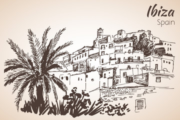 Old city of Ibiza Town, Balearic islands, Spain, Europe. Ibiza castle. Historical buildings.Travel sketch. Hand-drawn vintage book illustration.