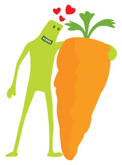 Funny doodle character in love with carrot