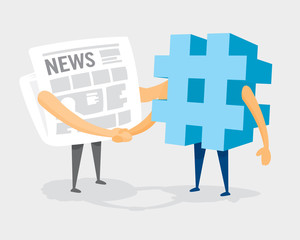 Newspaper and hashtag shaking hands