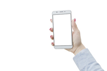 Female hand holding white moderrn smartphone isolated on white background
