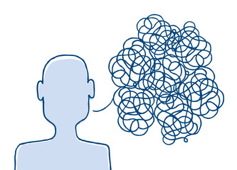 Man communicating a tangled messy message
